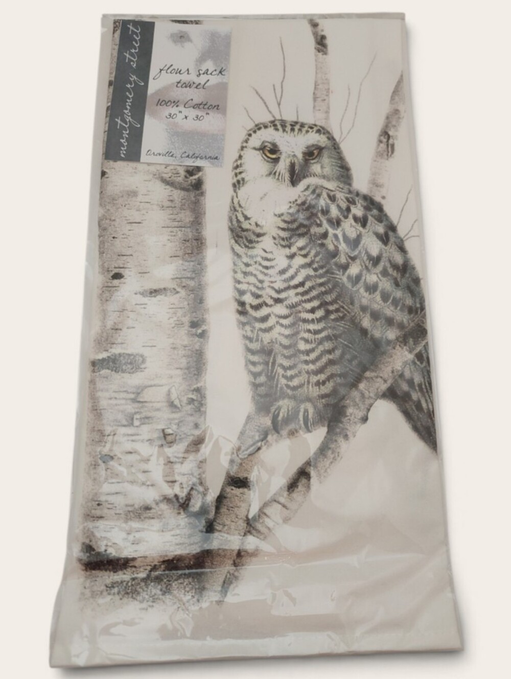 NEW Flour Sack Cotton Towel Owl Print White Gray Winter Giftable